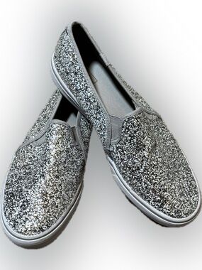 218. Keds Silver Glitter Slip-On Sneakers, Size 10
